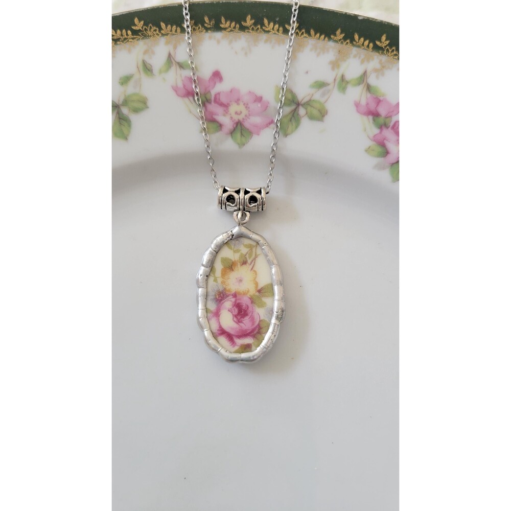 Vintage Pink Rose Broken China Jewelry, Hand-Soldered Oval Floral Necklace